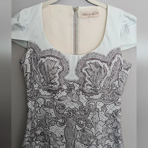 Emilio Pucci Sheath Dress Size 40 (US 4-6/S) Blue Lace Print Dress Made In Italy